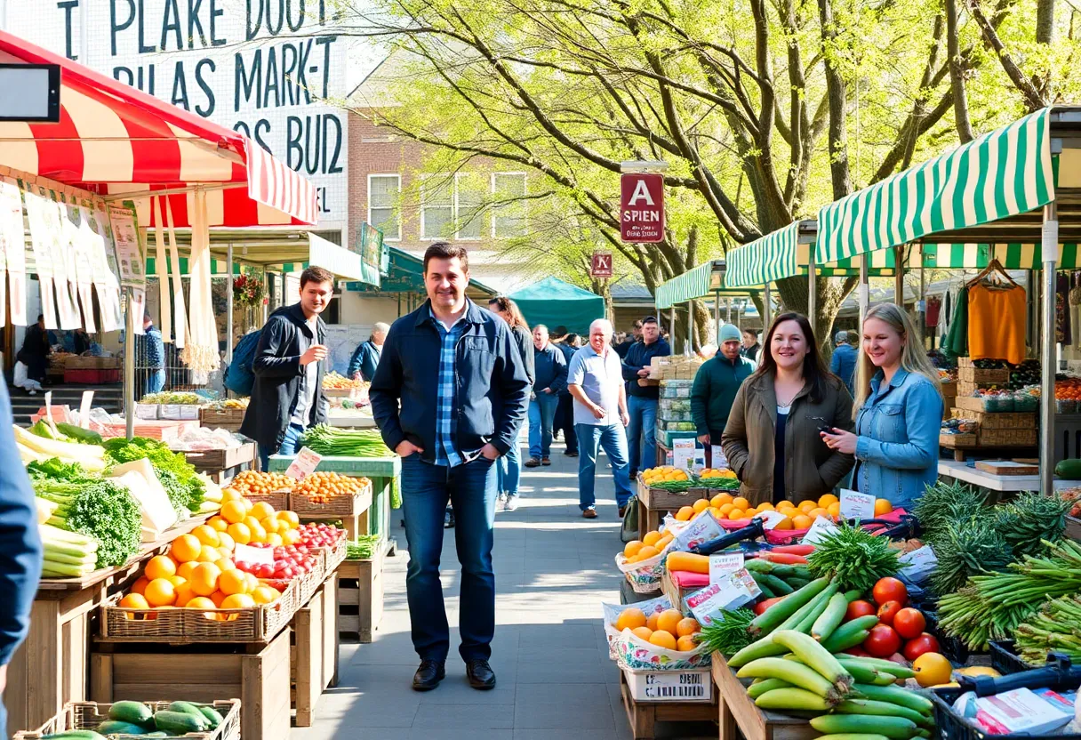 Busy North Tonawanda City Market with vendors and customers in spring