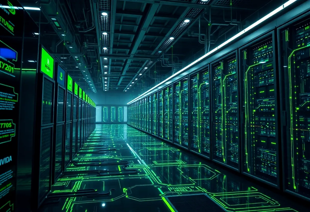 Futuristic representation of Nvidia's AI technology and data centers with GPUs.