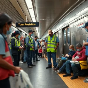 Outreach workers assisting homeless individuals in a New York City subway station during a heatwave.