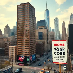 A vibrant representation of New York City with campaign-related visuals emphasizing economic and housing reforms.