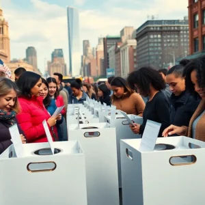 Voters casting ballots in the NYC Mayoral Primary at polling stations.