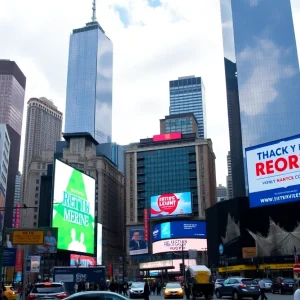 New York City skyline with election campaign posters for mayoral candidates