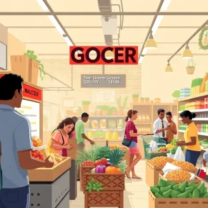 Illustration of a municipal grocery store with diverse shoppers
