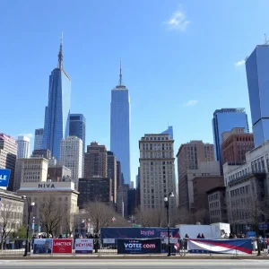 New York City skyline with political campaign posters