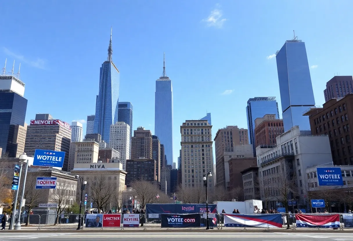New York City skyline with political campaign posters