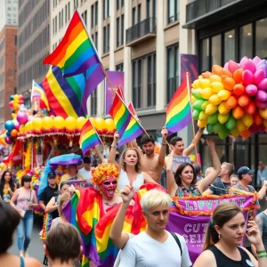 A lively scene from NYC Pride celebration with rainbow flags and joyful participants.