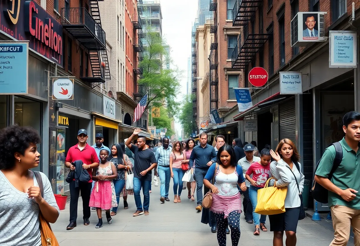 Diverse residents in New York City promoting progressive values