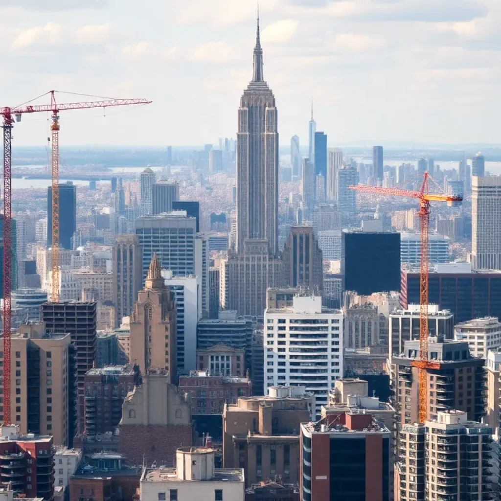 A vibrant view of New York City's skyline with ongoing construction and real estate activities.