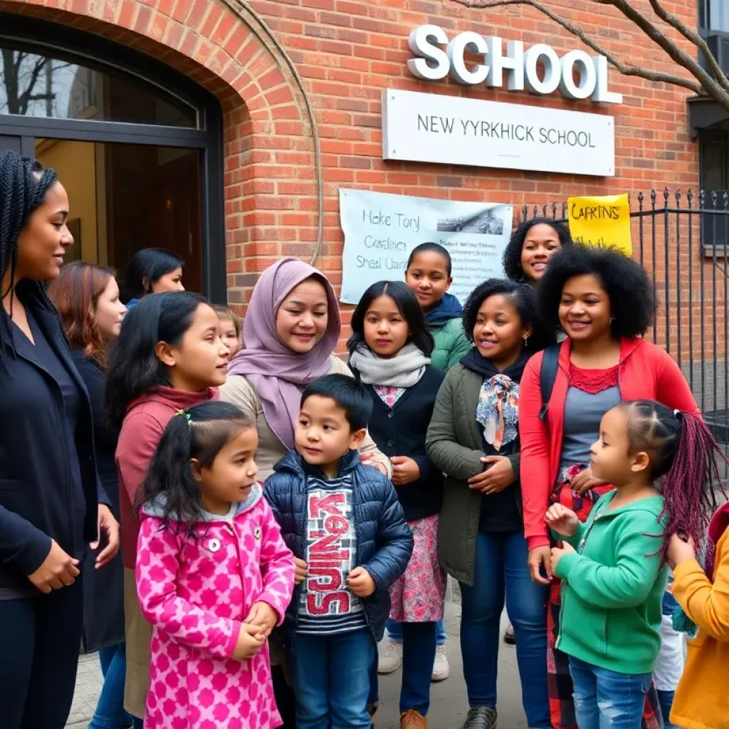 Diverse parents and children gathered outside a NYC school