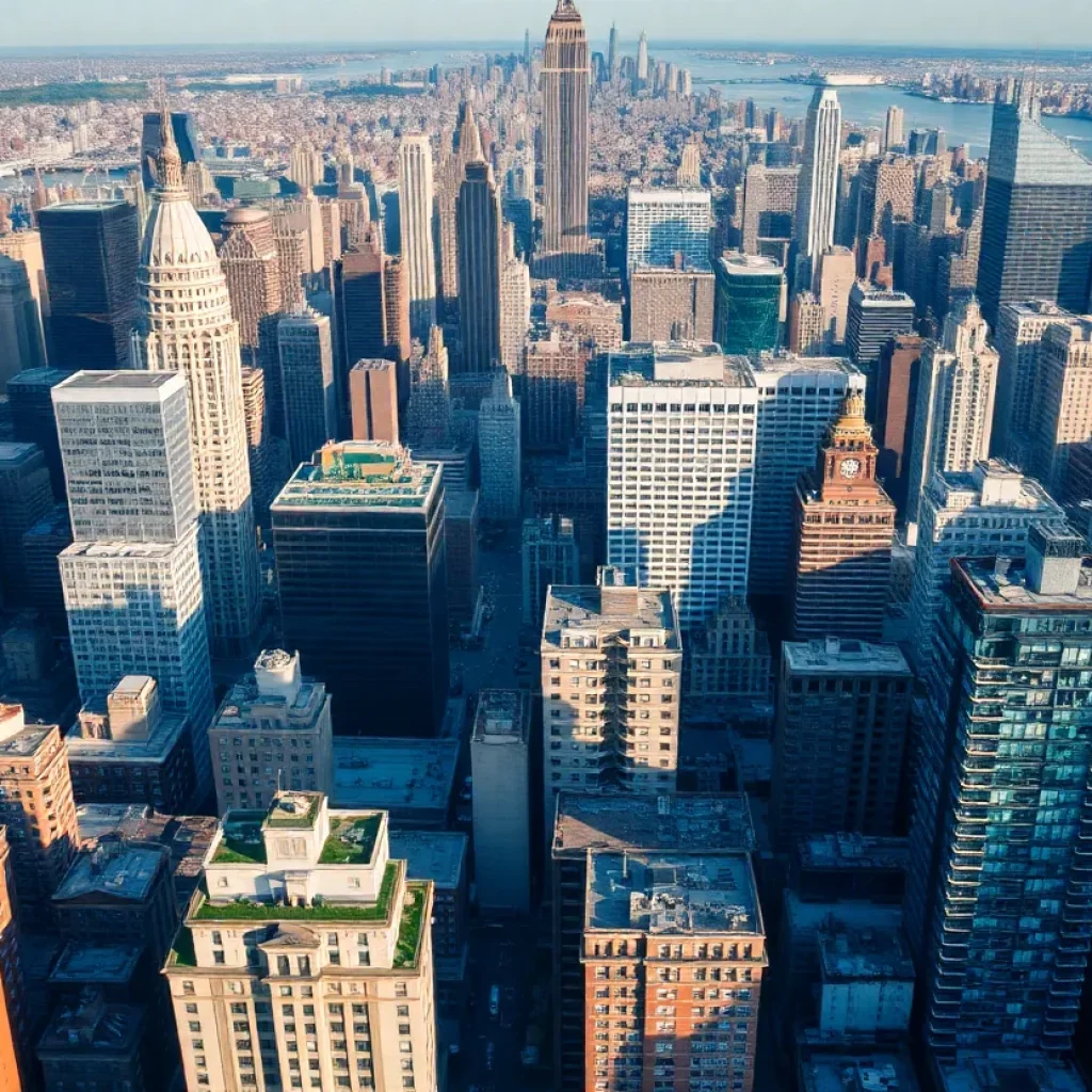Aerial view of New York City skyline featuring various office and residential buildings.