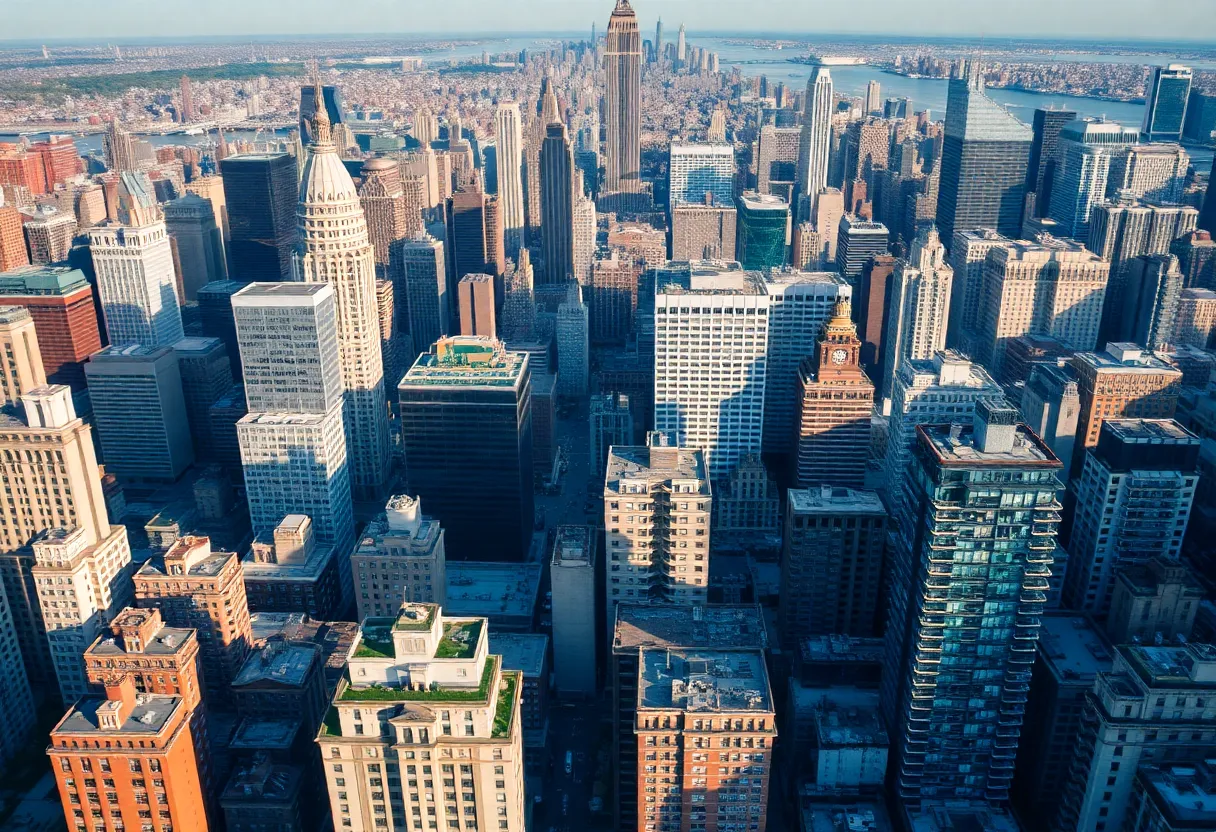 Aerial view of New York City skyline featuring various office and residential buildings.