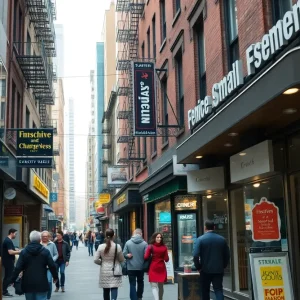 A busy New York City street with various small businesses