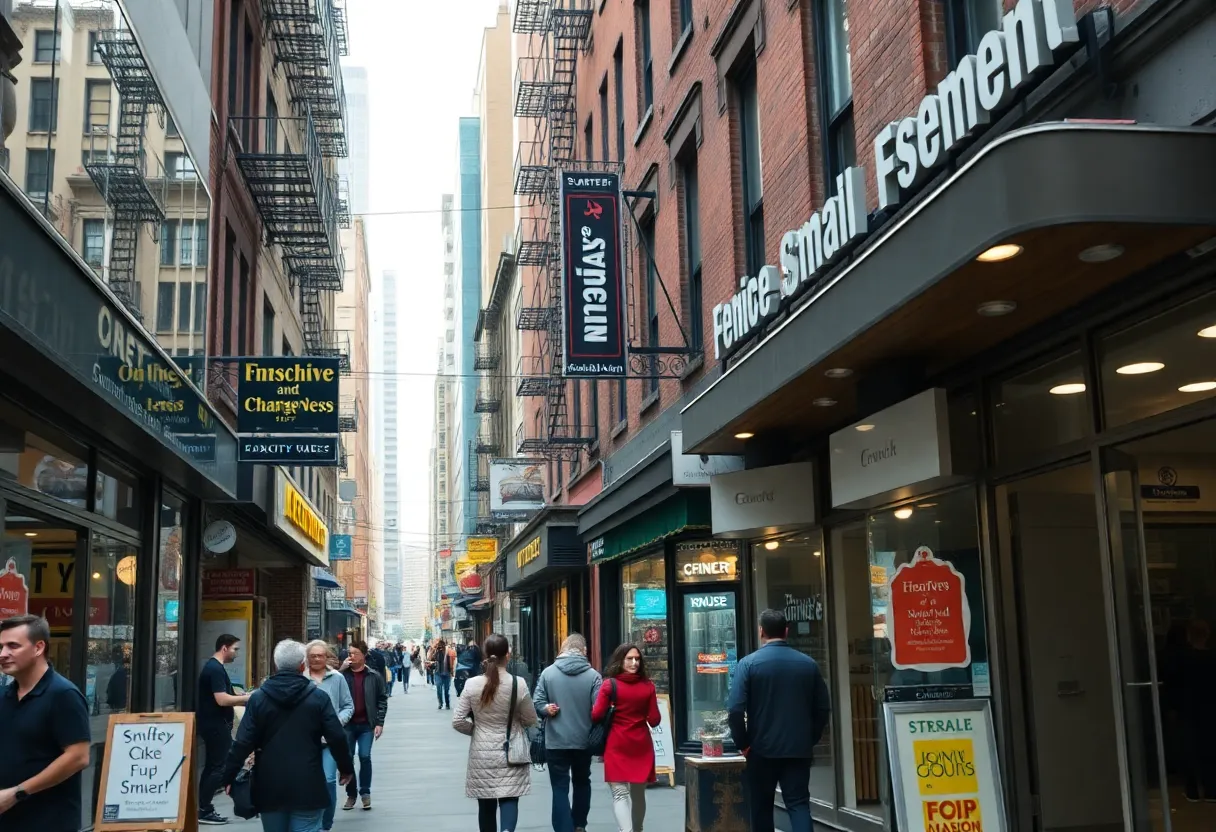A busy New York City street with various small businesses