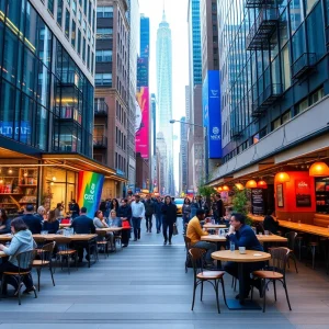 Vibrant scene of New York City with tech professionals in a collaborative setting.