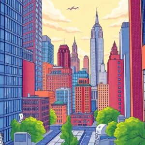 An artistic representation of New York City showing urban and political elements.