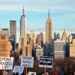 A vibrant New York City skyline showcasing modern and historic architecture, depicting a city in political transition.