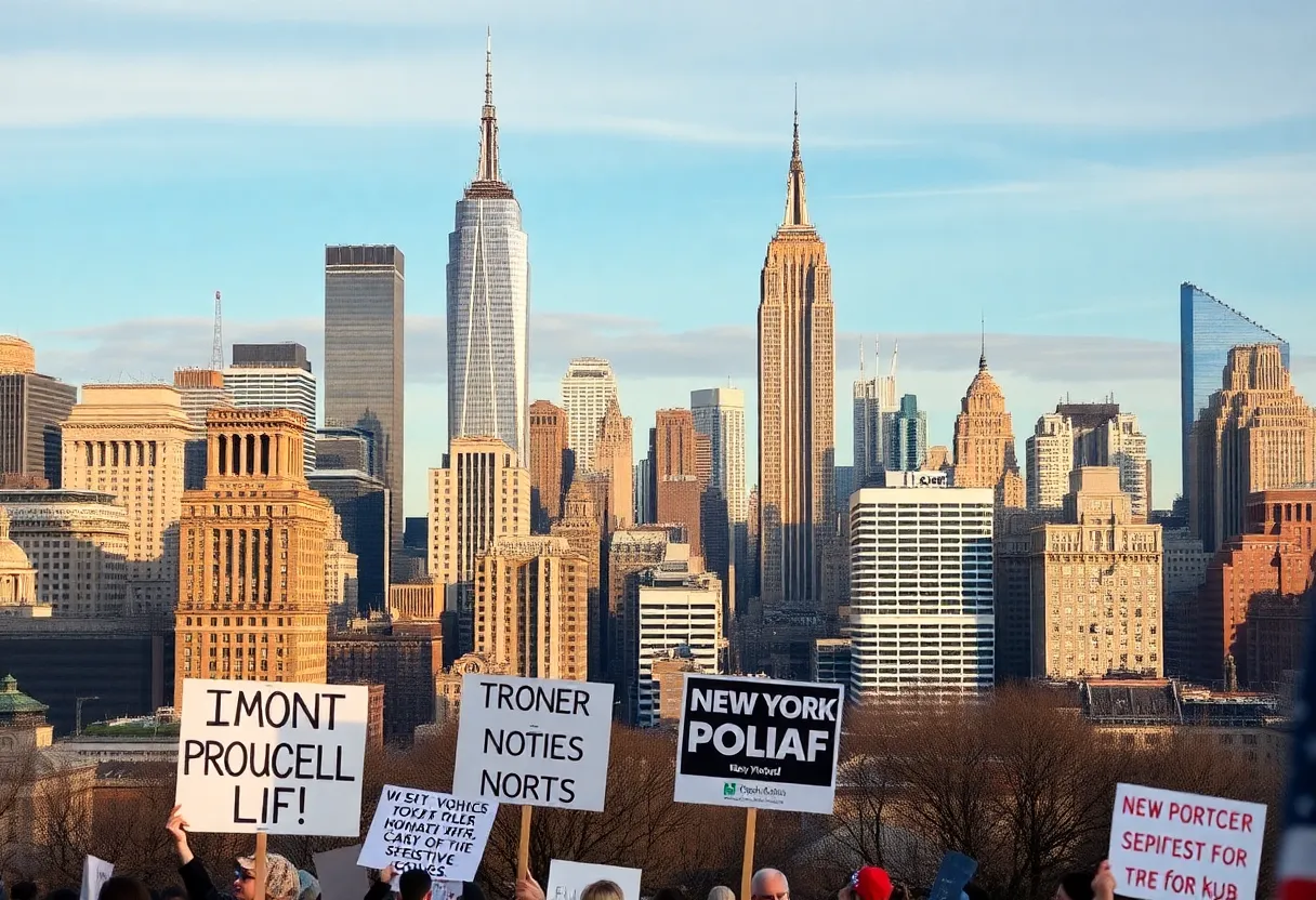 A vibrant New York City skyline showcasing modern and historic architecture, depicting a city in political transition.