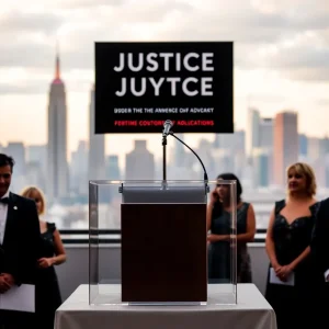 Guests at the NYSTLA Annual Gala with New York skyline in the background