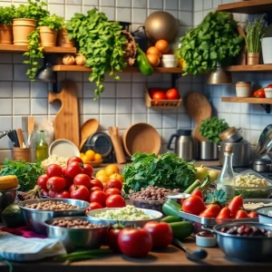Kitchen scene showcasing culinary exploration with various ingredients and cooking tools.
