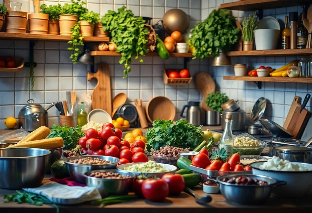 Kitchen scene showcasing culinary exploration with various ingredients and cooking tools.