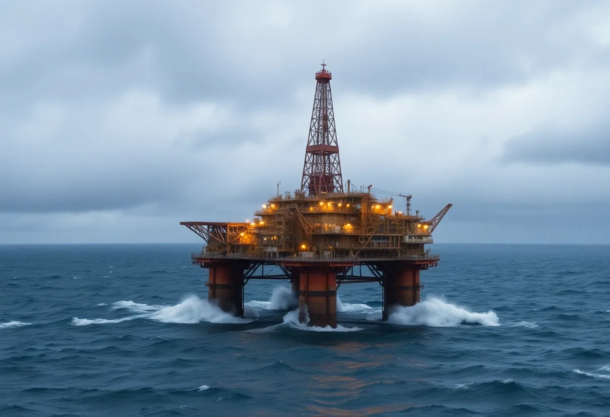 Oil rig in turbulent waters representing oil price surge