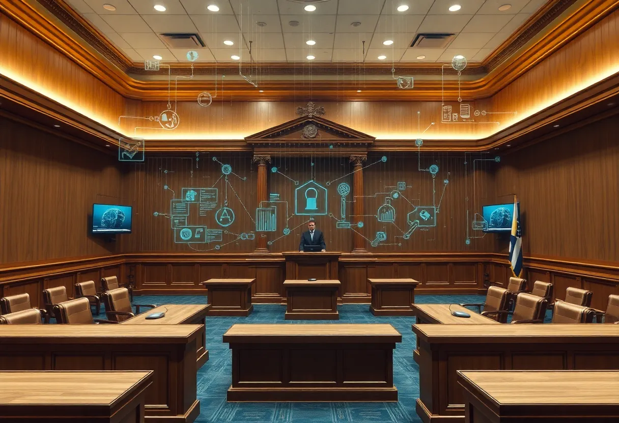 Artistic depiction of a courtroom discussing AI and user data privacy.