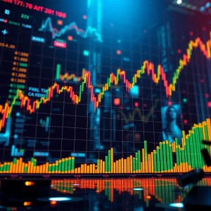 Financial market graph showing Palantir Technologies stock growth with AI technology background