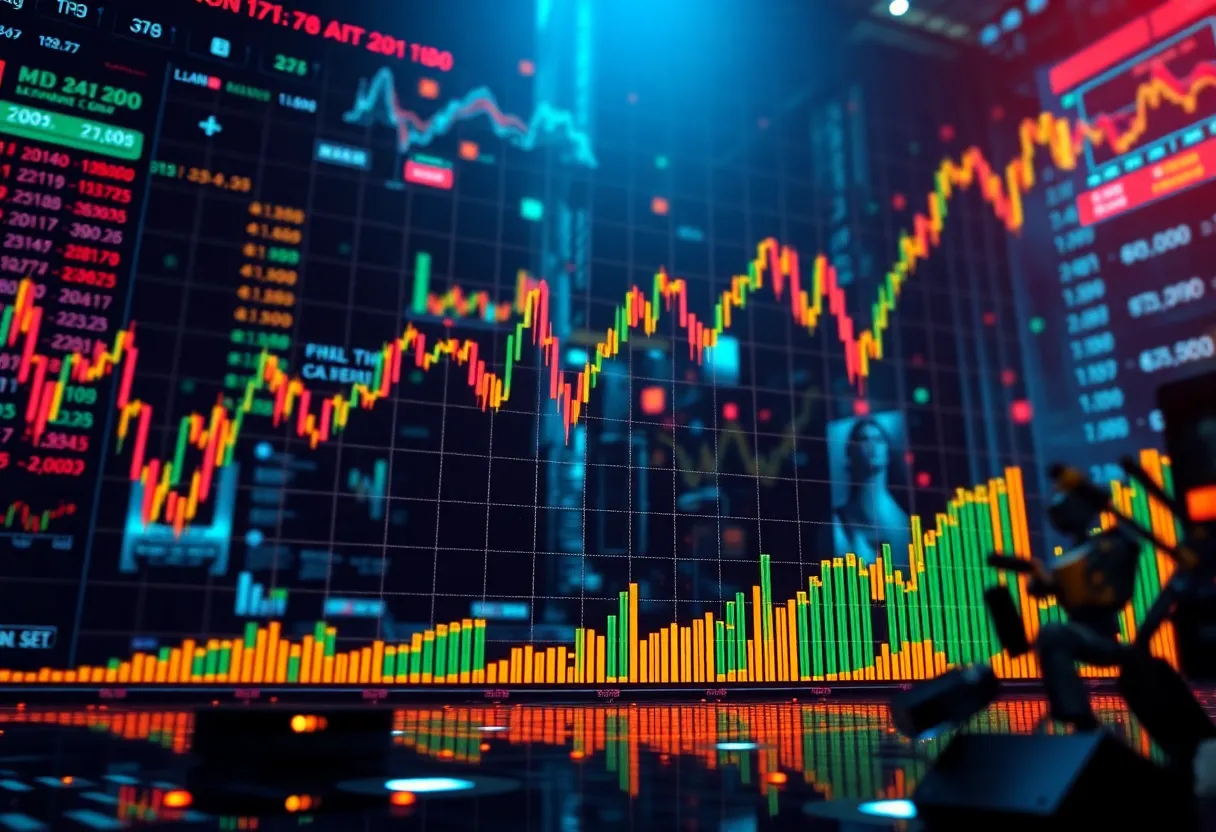 Financial market graph showing Palantir Technologies stock growth with AI technology background