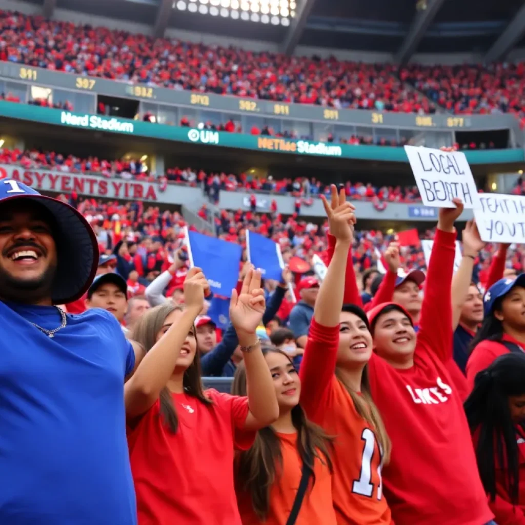 Fans cheering at a football game, showcasing community support