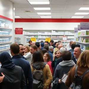 Customers waiting in line at a pharmacy facing closures
