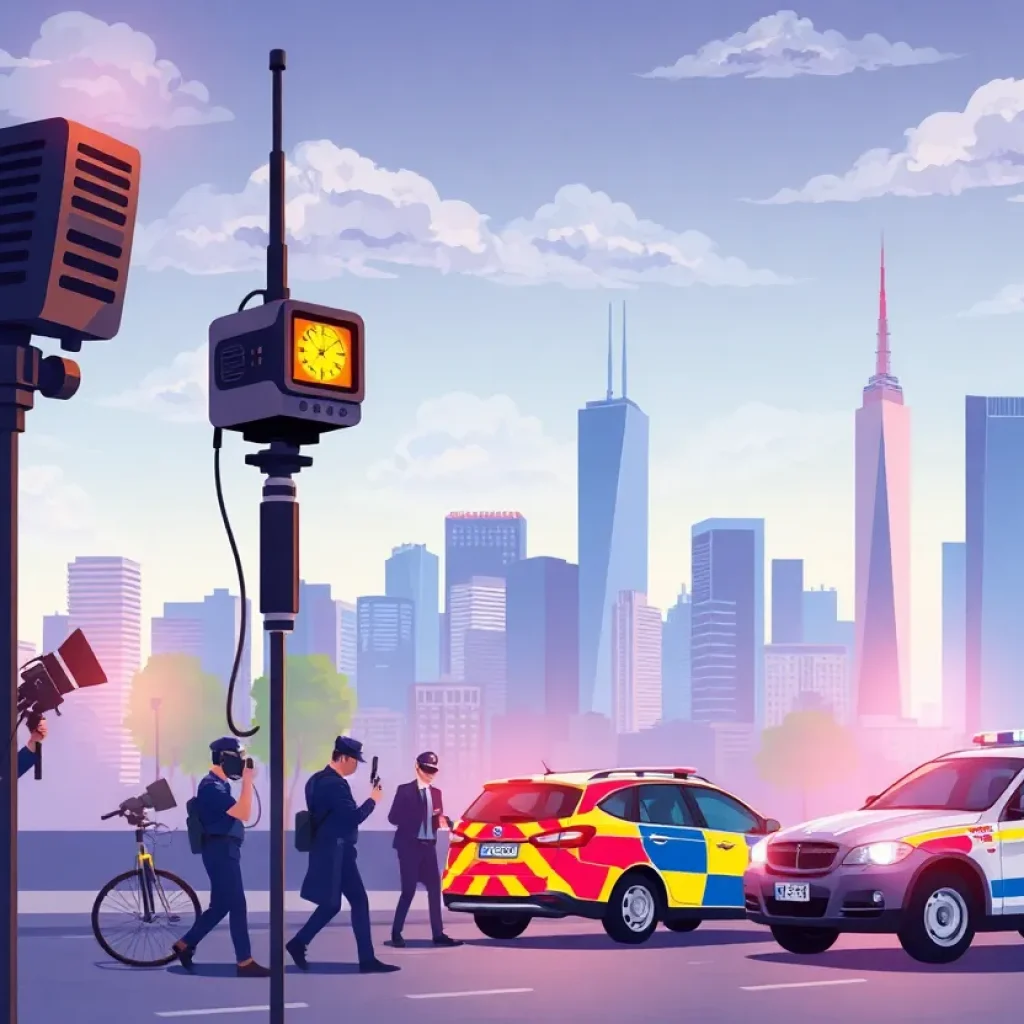 Illustration of journalists and police in an urban setting