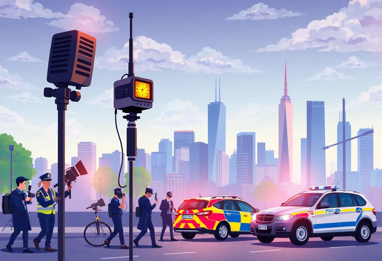 Illustration of journalists and police in an urban setting