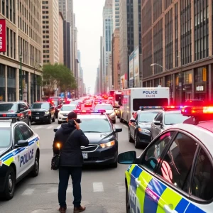 Reporters and police vehicles in New York city street
