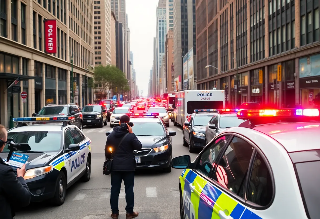 Reporters and police vehicles in New York city street