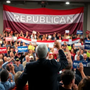 Crowd at a political rally supporting Republican candidate