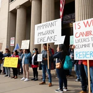 Demonstrators outside a federal building protesting against immigration enforcement actions