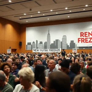 Crowd at a public hearing in New York City discussing rent increases