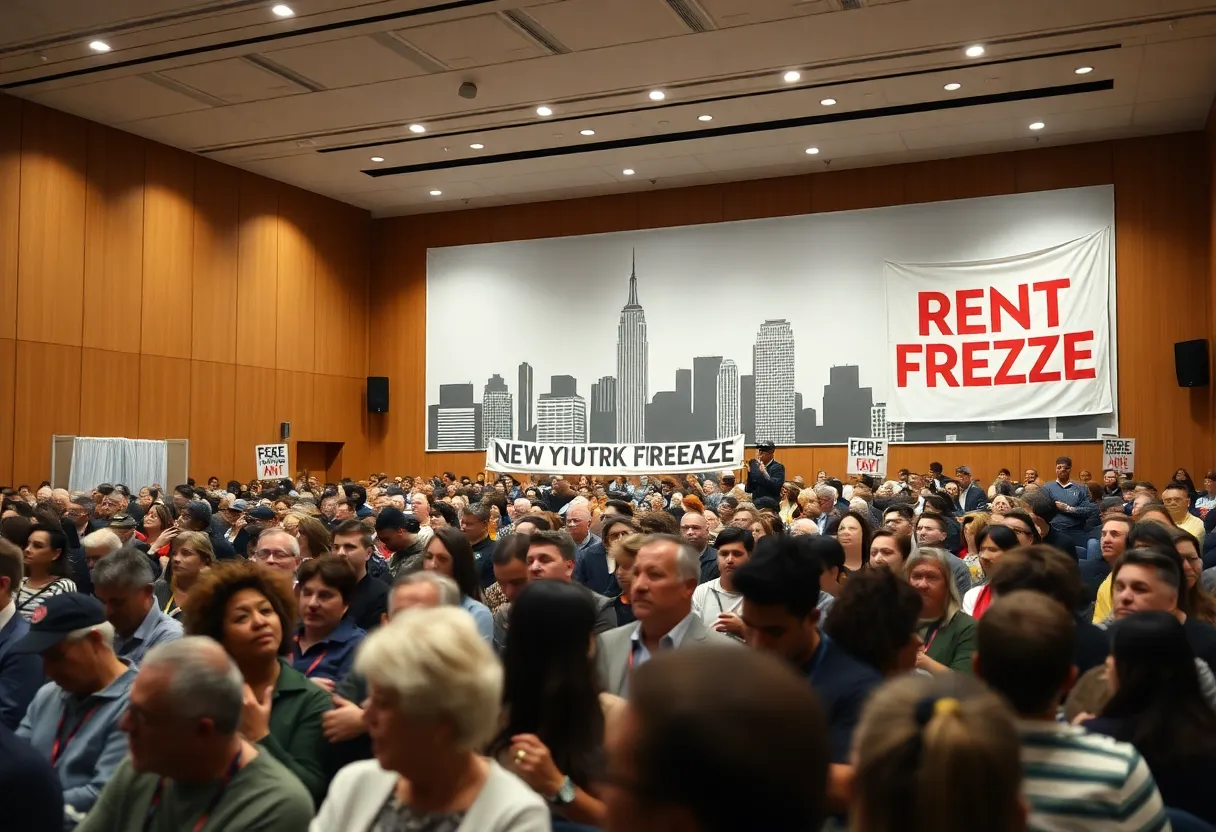 Crowd at a public hearing in New York City discussing rent increases