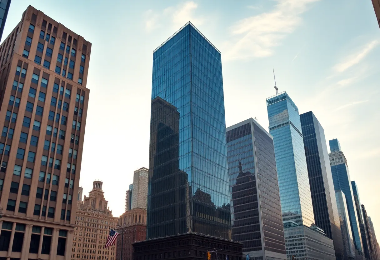 New York City real estate scene featuring skyscrapers and financial institutions.
