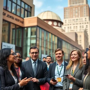 Professionals engaging in discussions at the Rebuilding New York Summit near the Museum of Jewish Heritage.