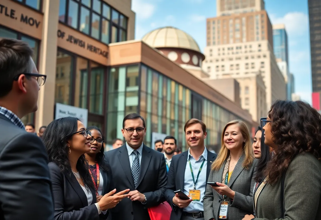 Professionals engaging in discussions at the Rebuilding New York Summit near the Museum of Jewish Heritage.