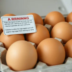 Close-up of recalled cage-free eggs carton with salmonella warning