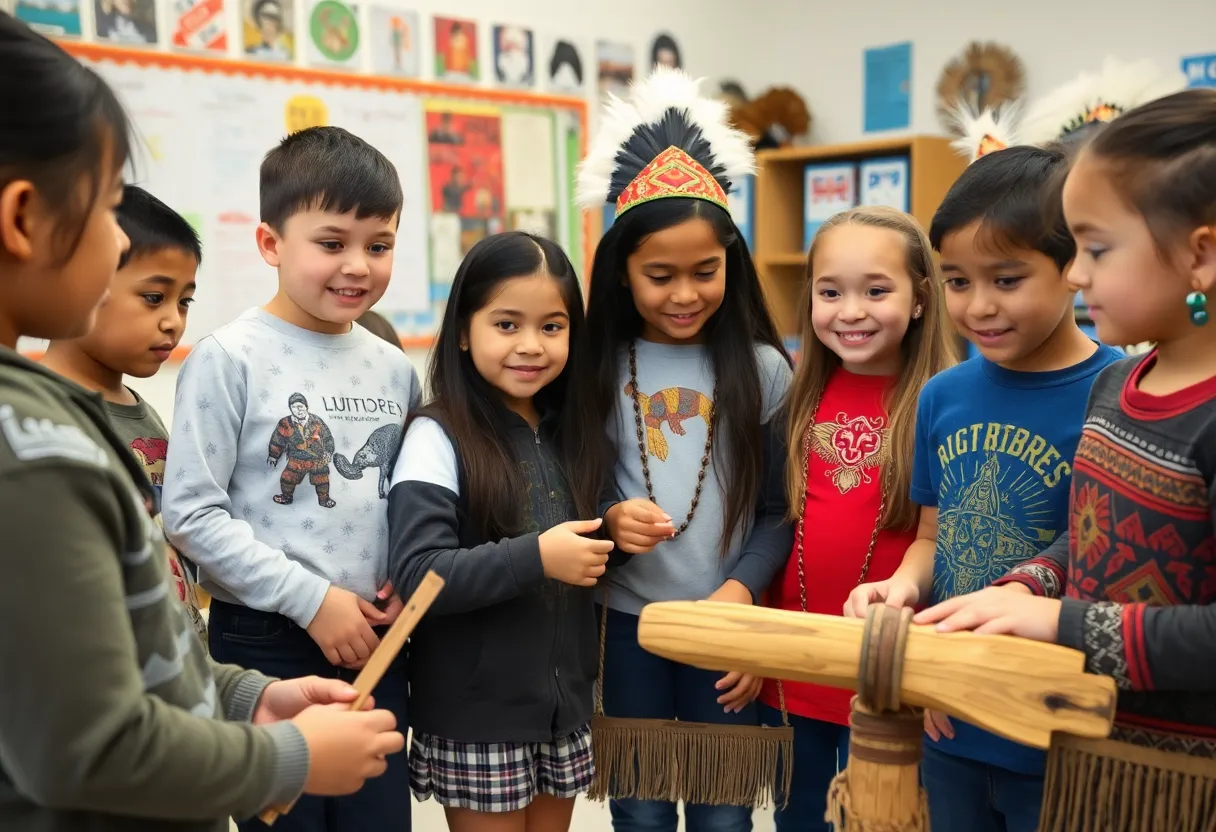 Students engaging with Indigenous artifacts and symbols in a respectful manner
