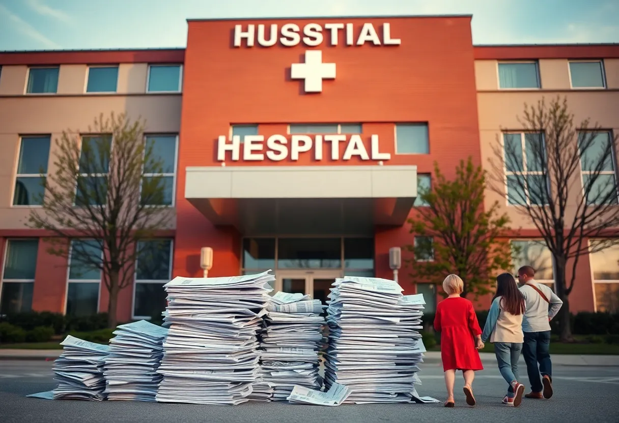 Visual representation of rising hospital costs with medical bills and a hospital