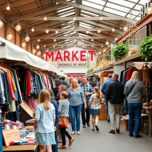 Families enjoying shopping at Rochester Public Market during Sunday Funday events.
