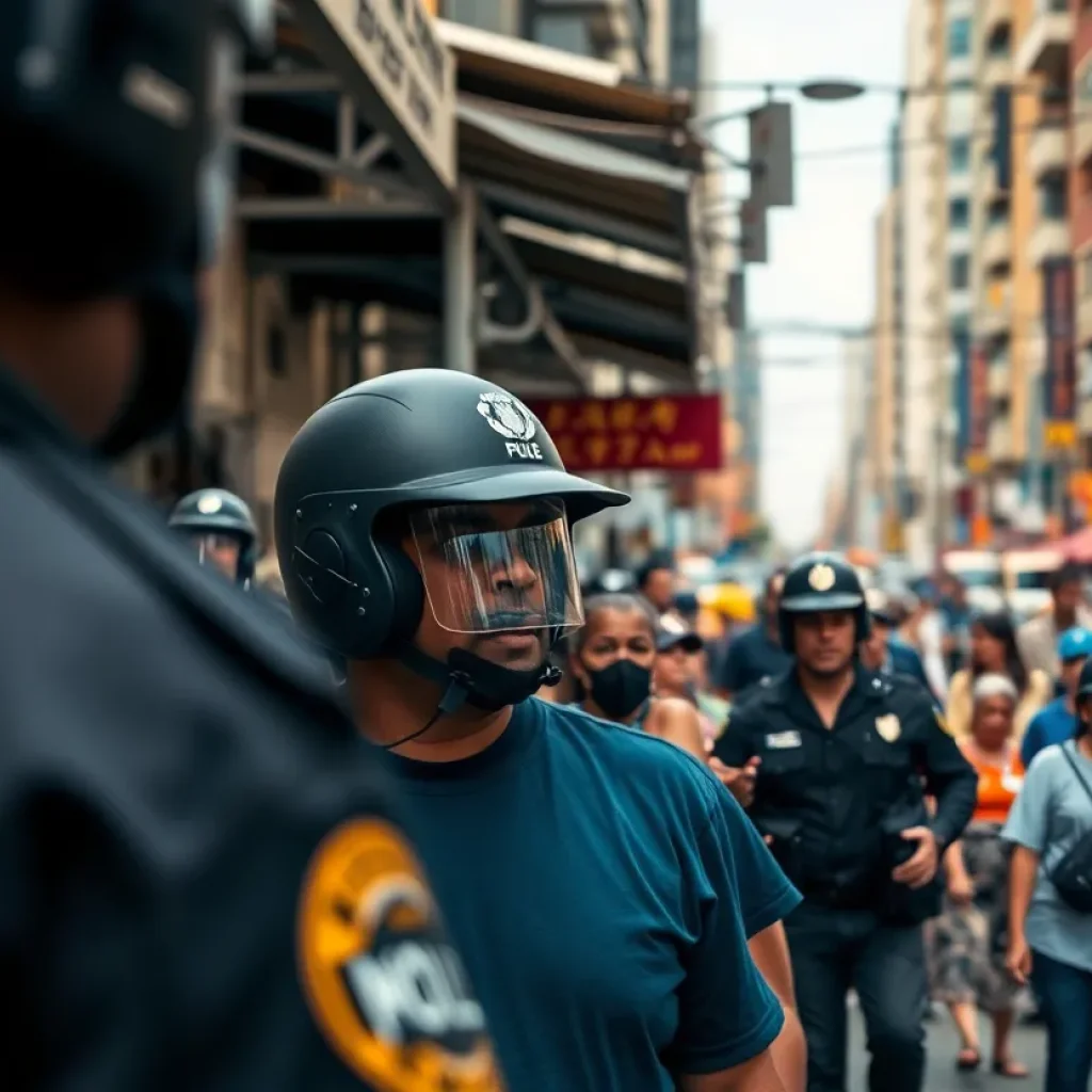 Street vendors and pedestrians on Roosevelt Avenue amidst increased police presence.