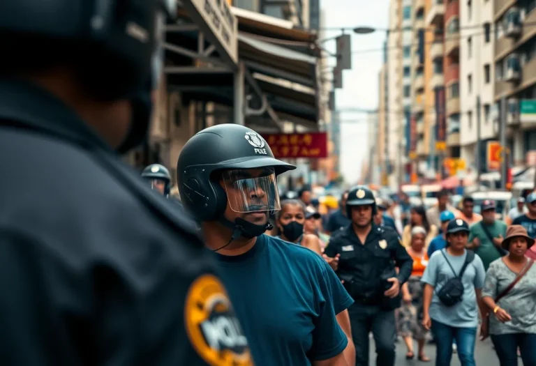 Street vendors and pedestrians on Roosevelt Avenue amidst increased police presence.
