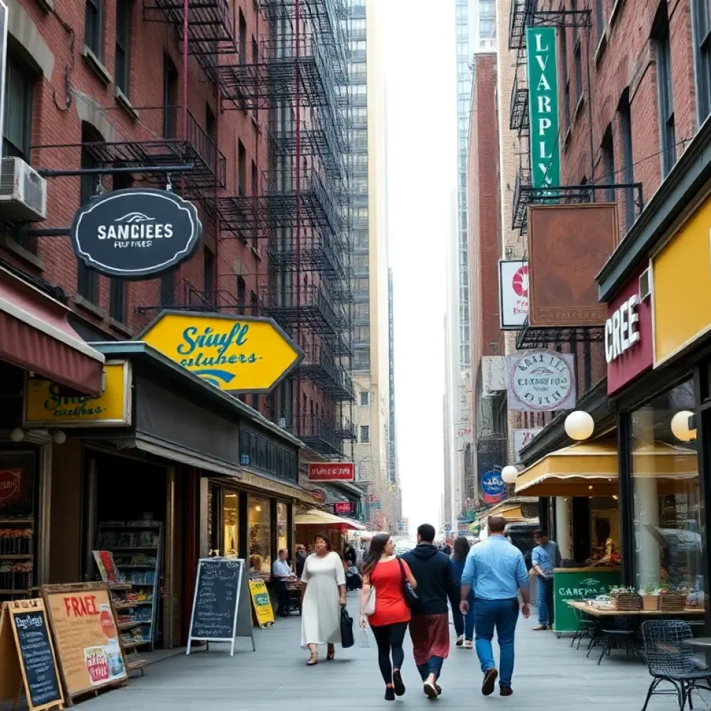 A lively street in New York City featuring small businesses and customers.