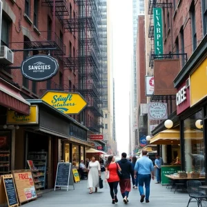 A lively street in New York City featuring small businesses and customers.