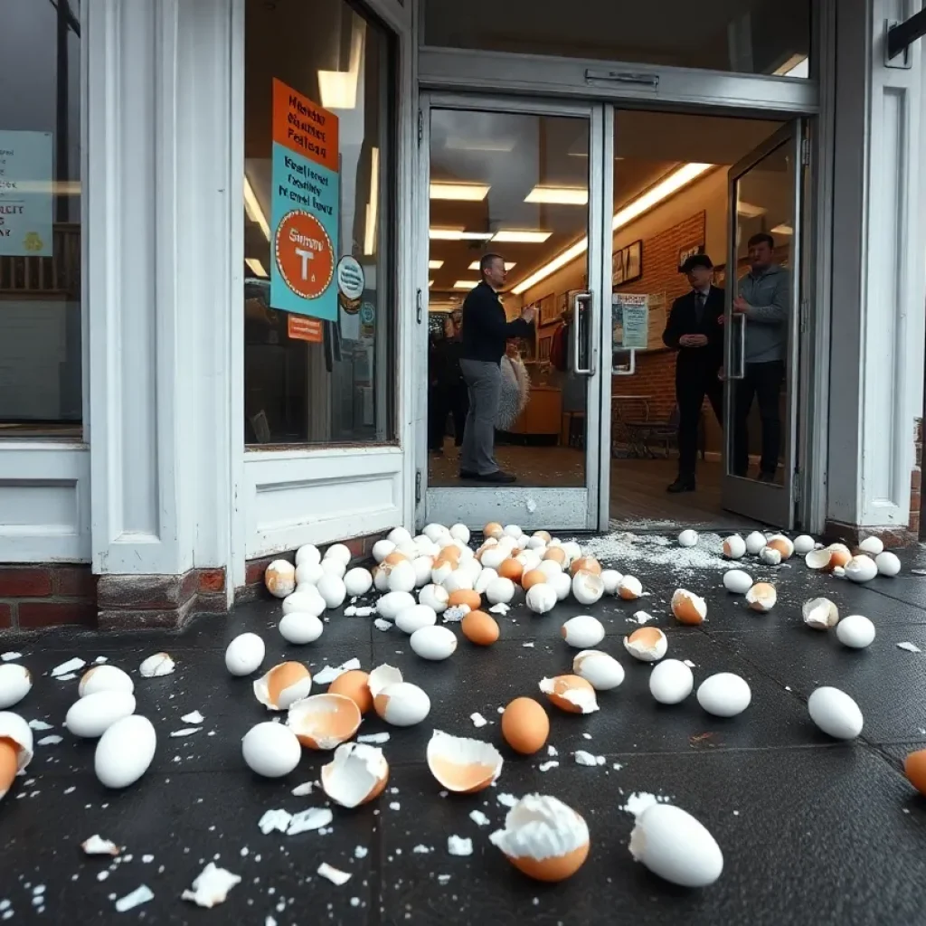 Aftermath of a social media prank with broken eggshells outside a business.